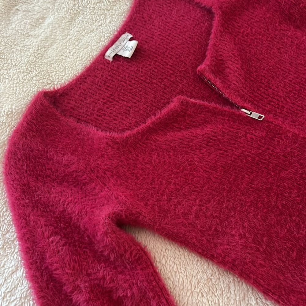 Sincerly Jules Fuzzy Raspberry Zip-Front Cardigan - Picture 5 of 8